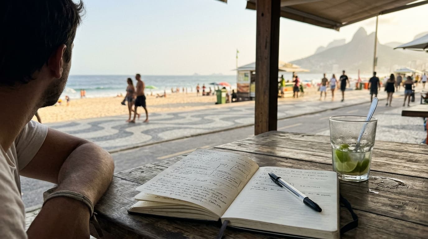 Notebook on a beach bar table with Copacabana sand in background