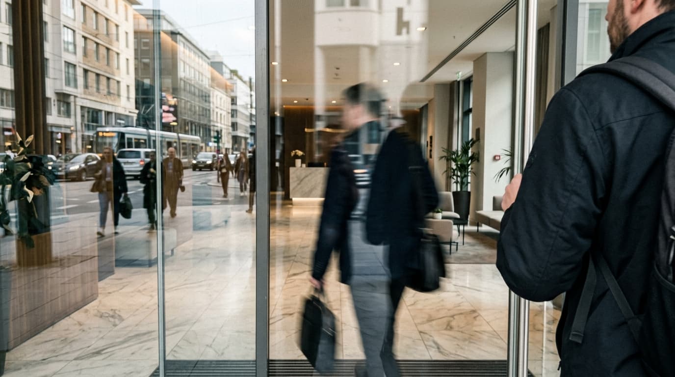 Hotel lobby reflection in glass door with a blurred figure entering