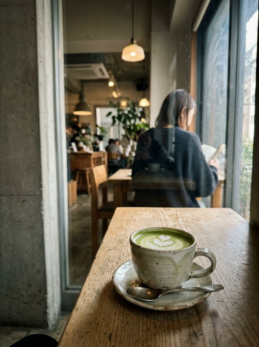 Matcha latte on a wooden counter with a blurred woman's silhouette in background