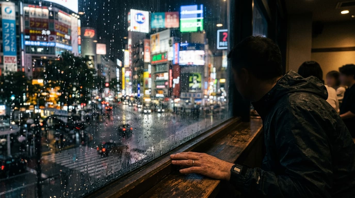 Rain drops on a window with Tokyo skyline blurred behind