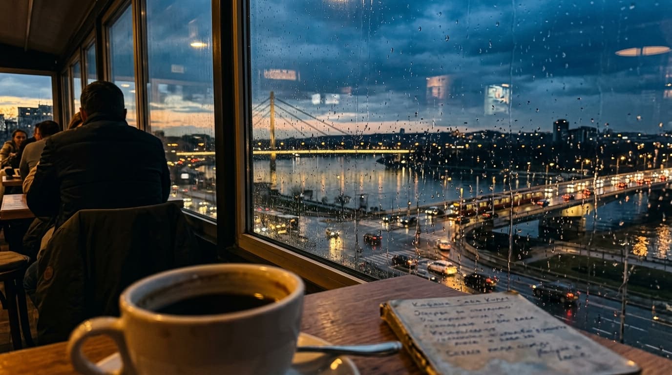 View of Sava river through a café window with rain drops on glass