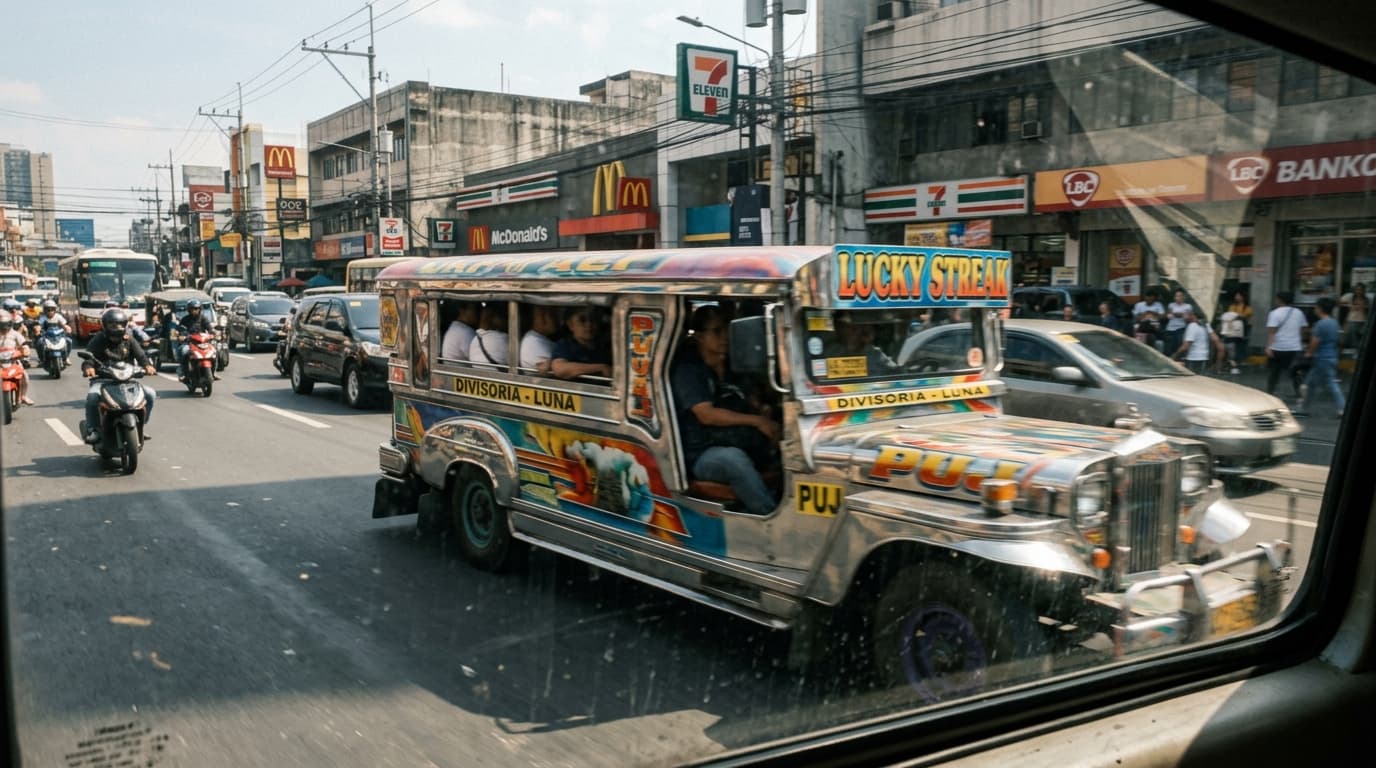 Colorful jeepney on a busy Manila street with motion blur