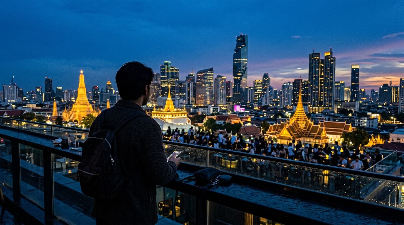 Rooftop view of Bangkok skyline at blue hour with temple spires visible