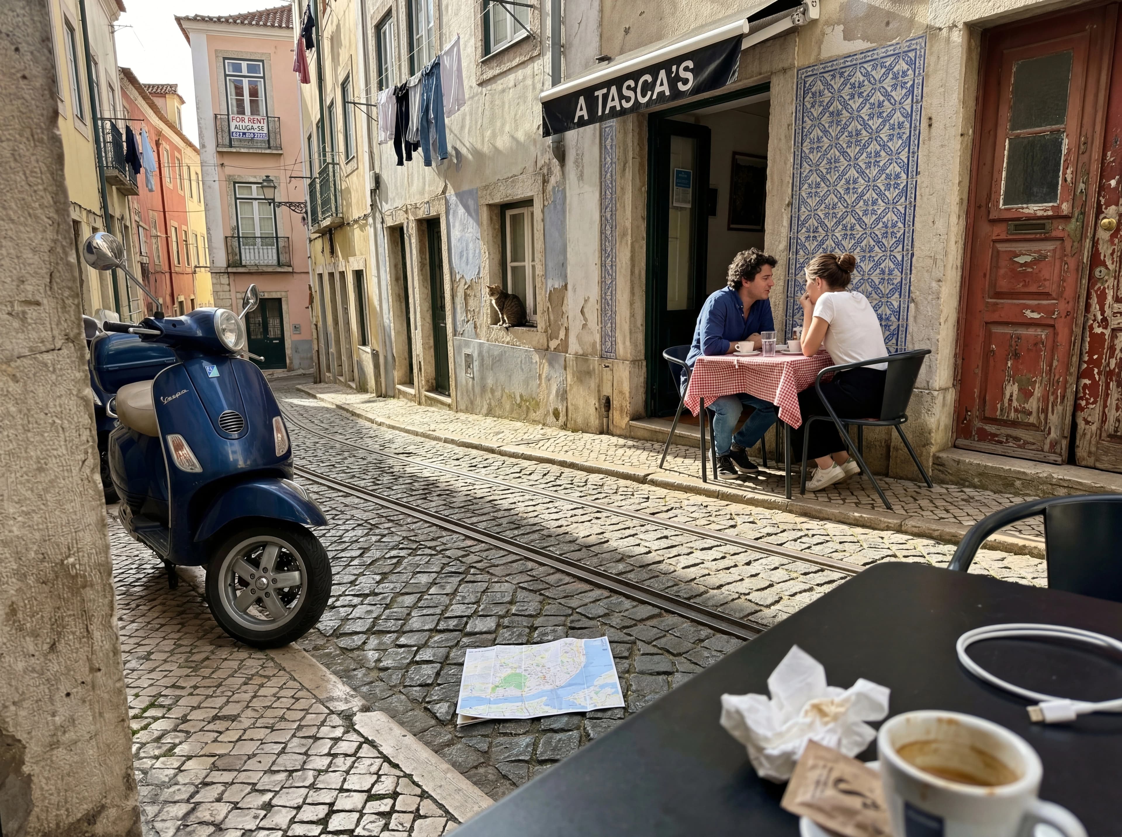 Two people having coffee at an outdoor cafรฉ seen through a window