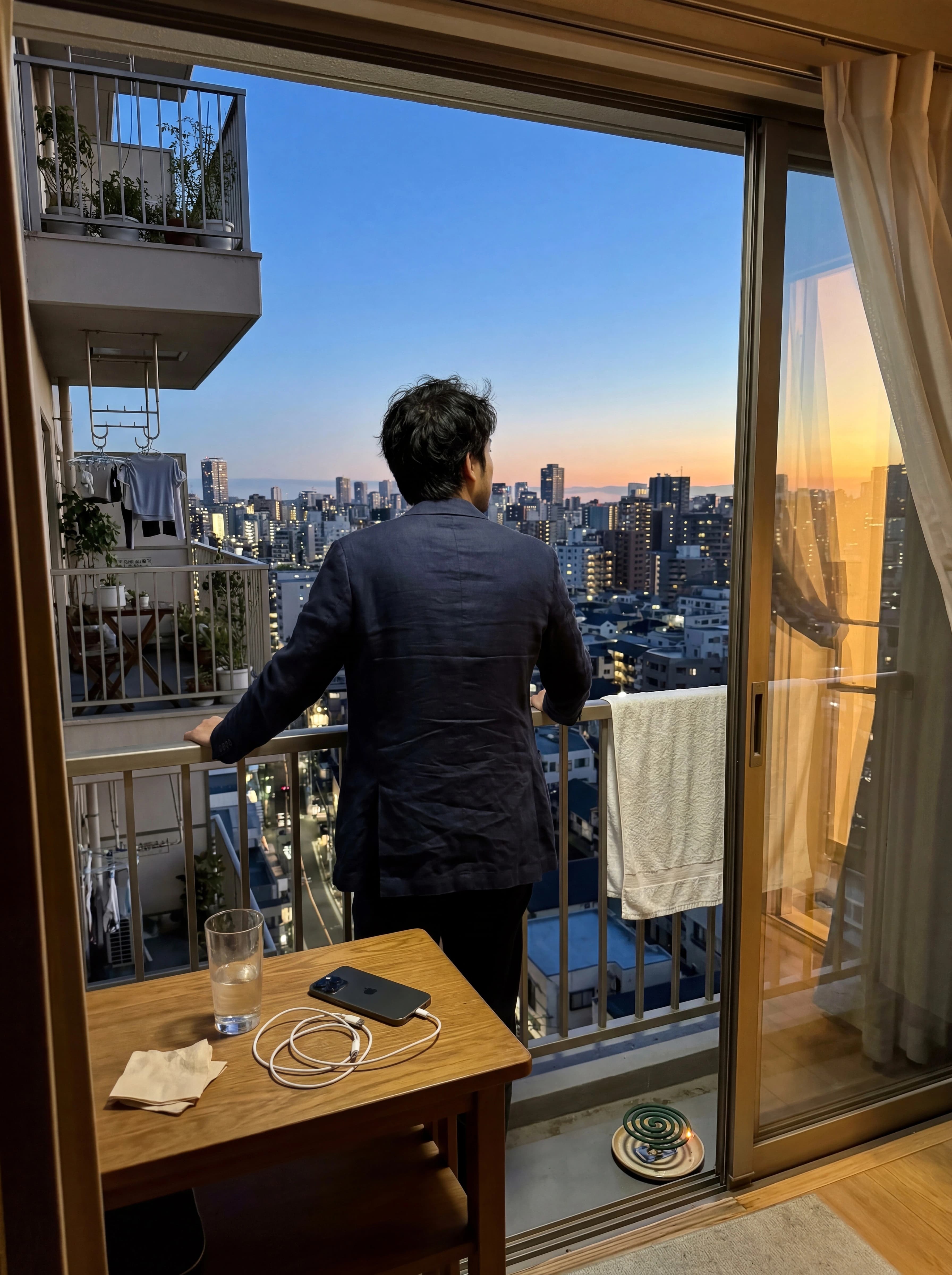 Silhouette of a man standing at a balcony overlooking a city at dusk